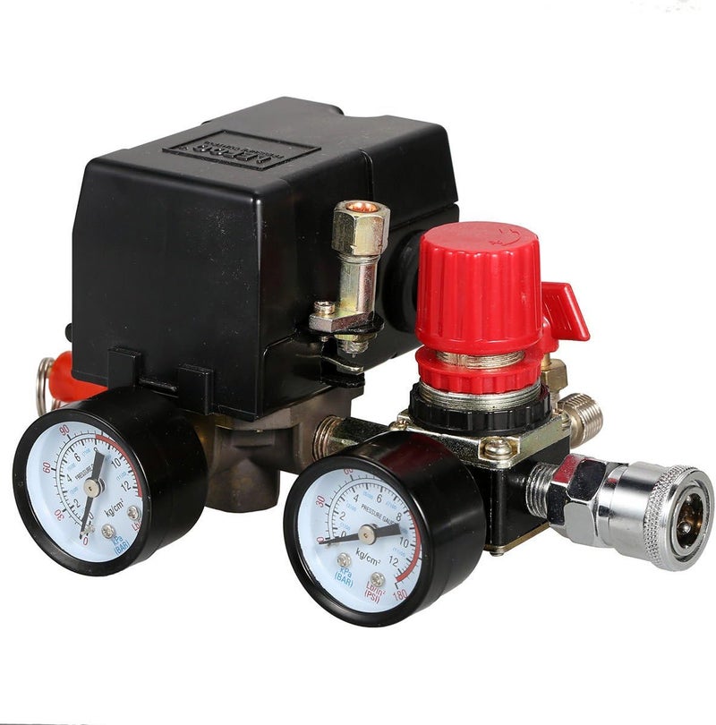 Secbolt Pressure Switch Manifold Regulator Gauges Air Compressor Pressure Switch Control Valve 90-120PSI (American Pattern) - Image 1